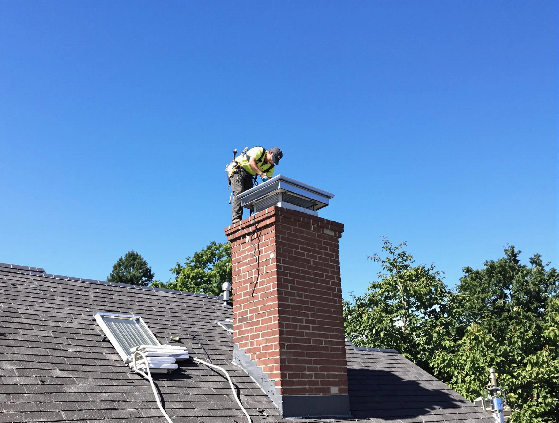 Franklin Park Chimney Sweep technician measuring a chimney cap in Franklin Park, PA